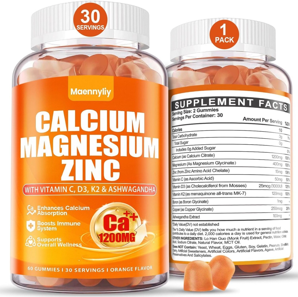 Ασβέστιο 1200 mg με Βιταμίνη D3 Gummies για Ενήλικες - Κιτρικό Ασβέστιο με Βιταμίνη D3 K2, Μαγνήσιο, Ψευδάργυρο, Βόριο, Χαλκό και Ashwagandha - Συμπλήρωμα Ασβέστου για Γυναίκες Άνδρες