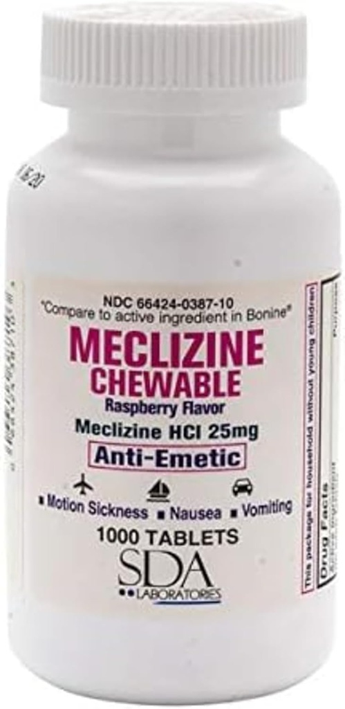 SDA LABORATÖRLER Meclizine Chewable Tabletler, 25 mg, Anti-Emetic, Raspberry Flavor, Hareket Hastalığı ve Nausea için Vertigo Relief, Dizziness ve Vomiting, 1000 Count (1 Pack)