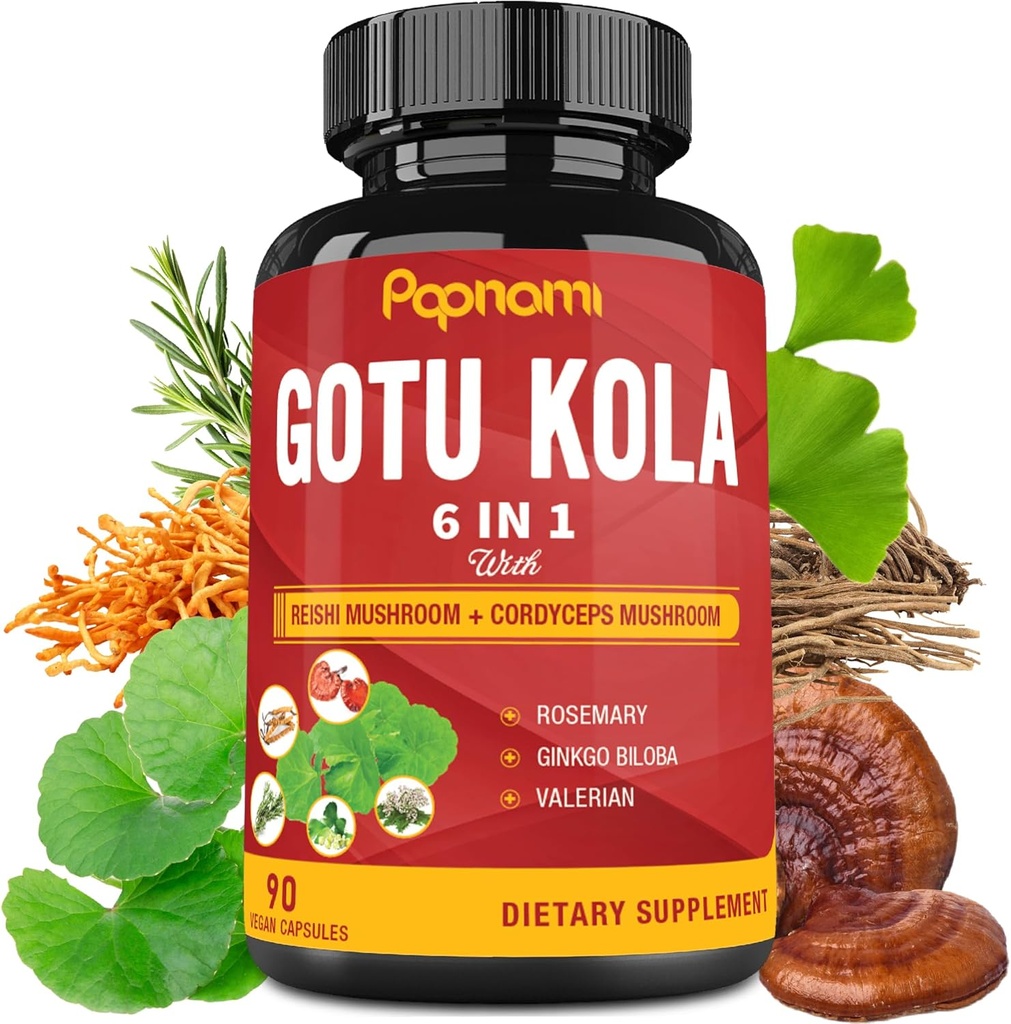 Organik Gotu Kola Extract Capsules with Reishi, Cordyceps, Rosemary, Gingko Biloba & Valerian Root - 90 Counts for 3 Ay - Supports Brain, Immunity, Skin & Heart Health
