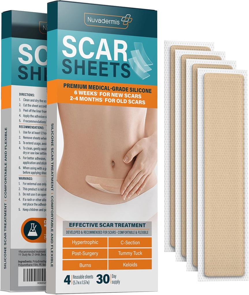 NUVADERMIS Silikon Bahar Notları - C-Section, Tummy Tuck, Keloid ve Cerrahi Yaralar - Reusable Medical Grade Silikon Scar Sheets - 4 Paket - Işık Tone