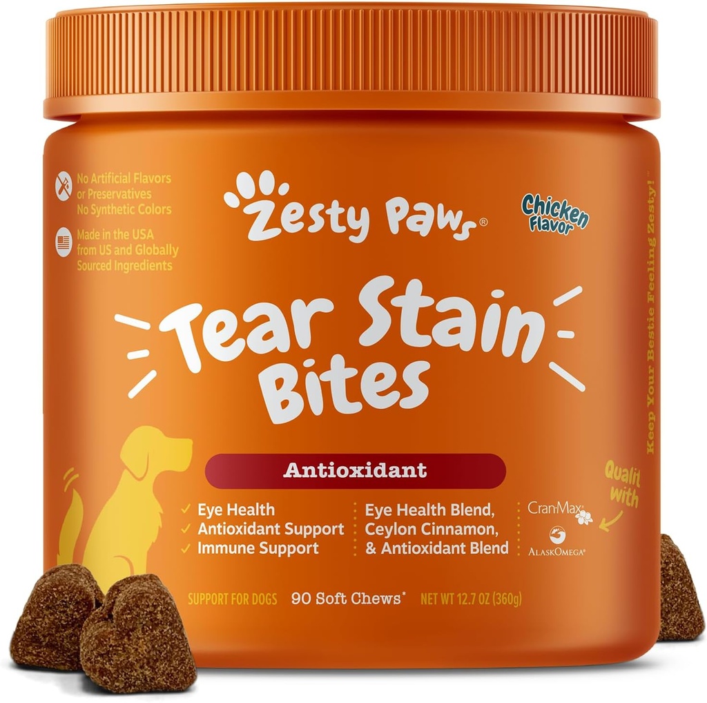 Zesty Paws Tear Stain Support Soft Chews for Dogs - Eye Moisture + Vision & Immune Support - Fish Oil, Lutein, Cranberry & Vitamin C - Chicken Flavor - 90 ctt