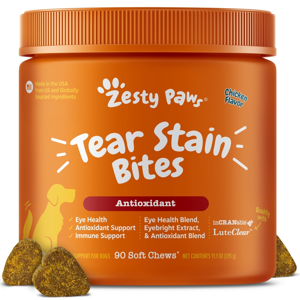Zesty Paws Tear Stain Support Soft Chews for Dogs - Eye Moisture + Vision & Immune Support - Fish Oil, Lutein, Cranberry & Vitamin C - Chicken Flavor - 90 ctt