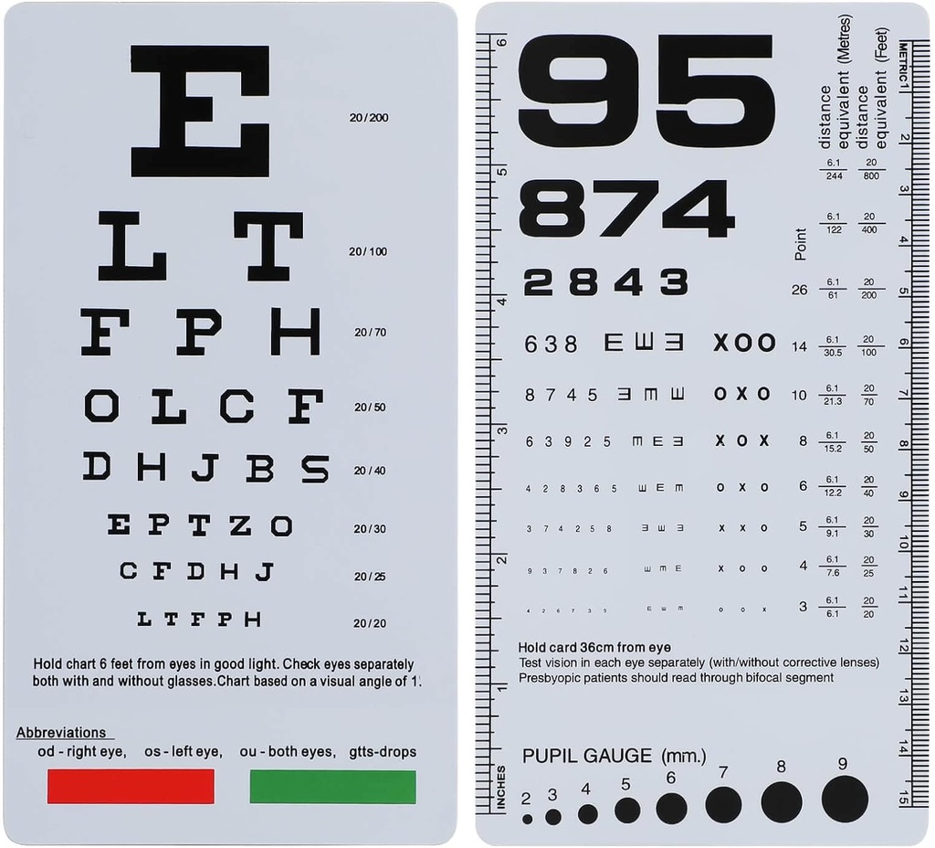 NOYOC 2 Pack Pocket Eye Chart, 1 Snellen & Rosenbaum Chart, 6.5x3.5 Inches, Hand Double Sided Plastik Low Vision Card for Eye sınavları (2 Paket 6 Ayak)