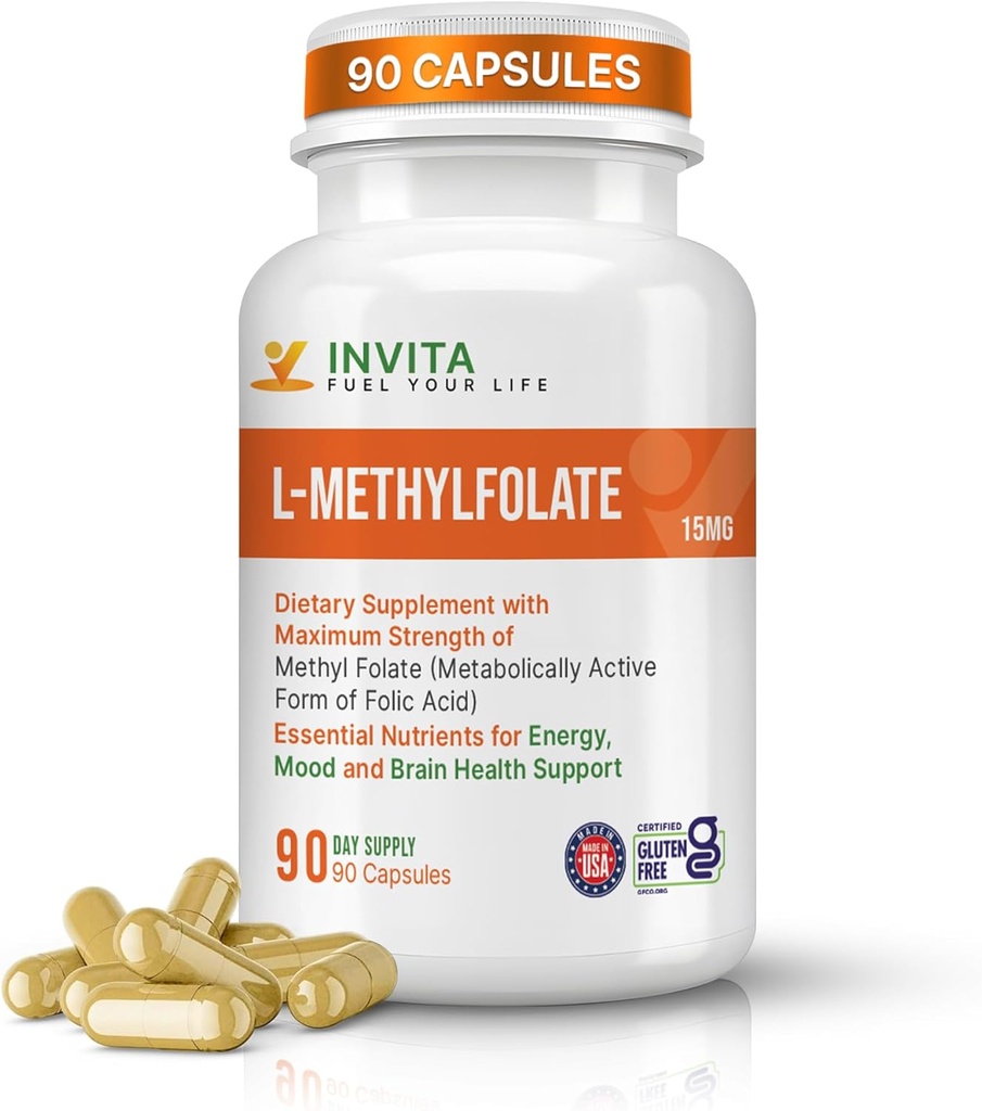 INVITA L-Methylfolate (15mg) - Professional Strength Active Methyl Folate - 5-MTHF Supplement for Energy, Mood & Immune Support - Non GMO, Gluten Free, No Fillers (15 mg)