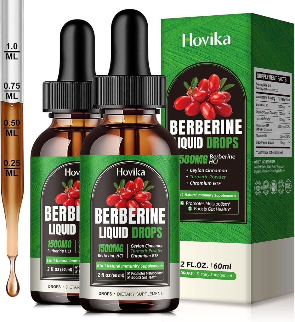 (2 Pack) Berberine HCL Liquid Drops - 1500 mg Berberine Supplement with Ceylon Cinnamon, Chromium, Turmeric, Niacinamide - Supports Metabolism and Immune System, Gut Health Vegan