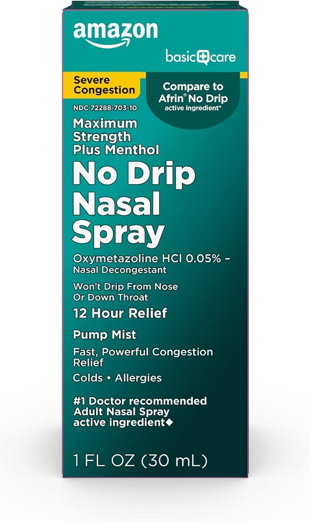 Temel Bakım No Drip Severe 12 Saat Nasal Decongestant Pump Mist, Steroid Free, maksimum Güçlü Plus Menthol 1 fl oz (Pack of 1)