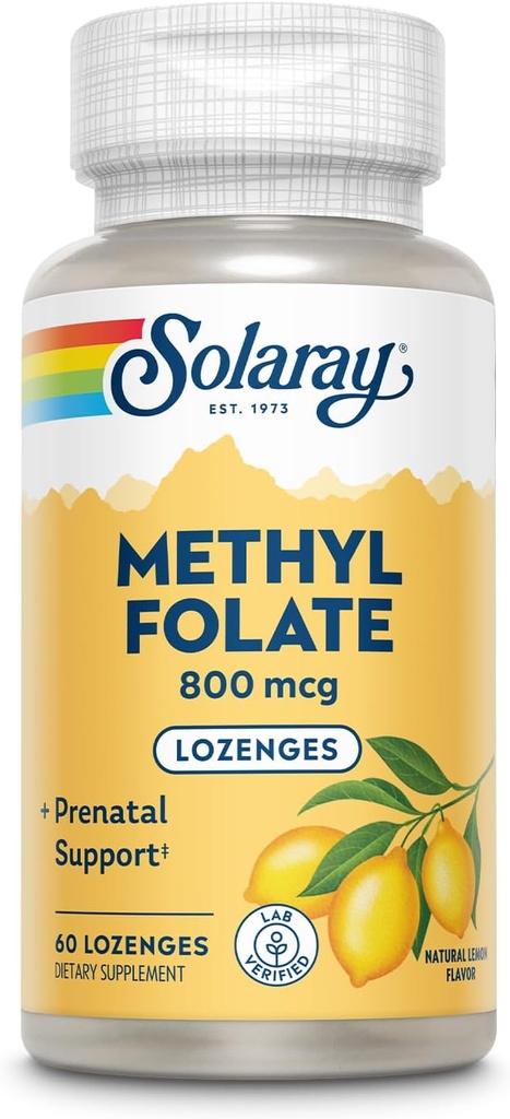 SOLARAY Metil 800 mcg - 470 mcg Folic Asit - 5-MTHF Prenatal Vitaminler - Doğal Limon Flavor - Doğal Tatlıcılar - Lab Onaylandı - 60 Günlük Garanti - 60 Hizmet, 60 Lozenges