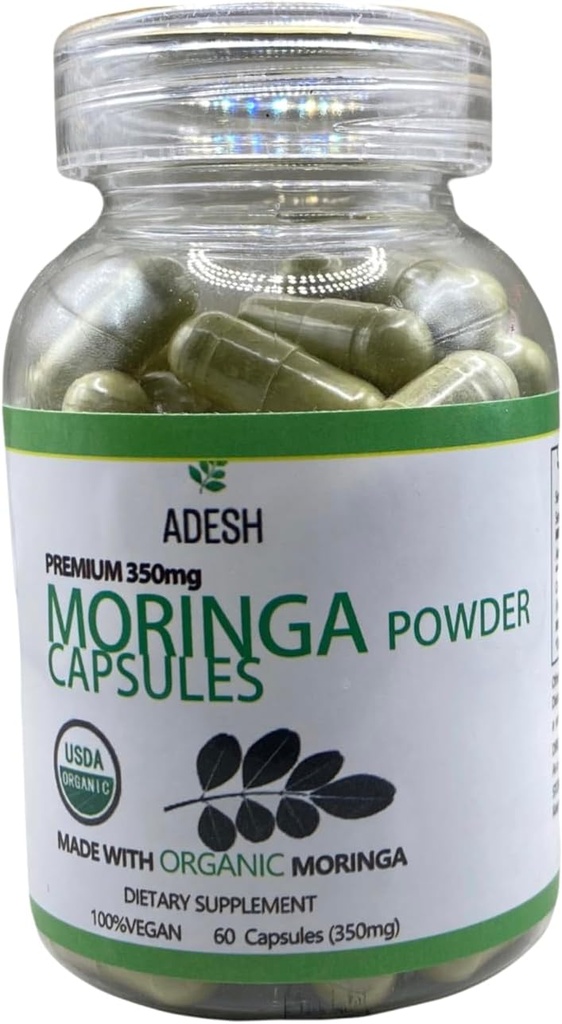 Adesh Moringa Toz Capsules | Premium Moringa Leaf Supplement | 60ct, 350 mg | Enerji için Doğal Superfood, Metabolism & Immune Support | Vegan, Supergreen Nutritional Capsules