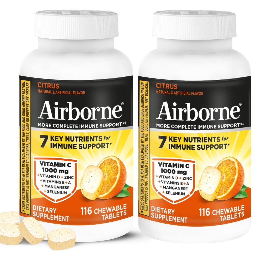 Airborne 1000mg Βιταμίνη C + Zinc Ανοσοποιητικό συμπλήρωμα υποστήριξης Μασώμενα δισκία, Εσπεριδοειδή Γεύση με Ισχυρές Αντιοξειδωτικές Βιταμίνες A C & E, 116 Μασώμενα δισκία (2 Συσκευασία)