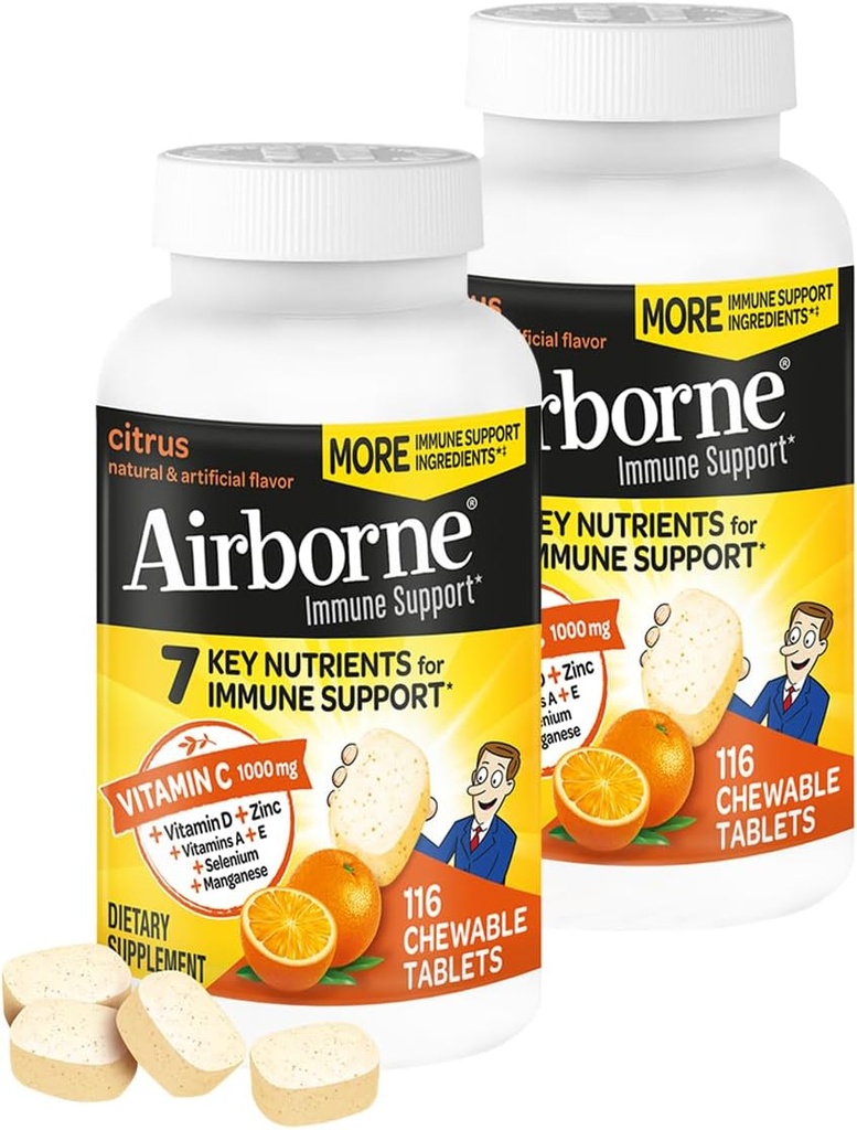 Airborne 1000mg Vitamin C + Zinc Immune Support Supplement Chewable Tablets, Citrus Flavor with Powerful Antioxidants Vitamins A C & E, 116 Chewable Tablets (2 Pack)
