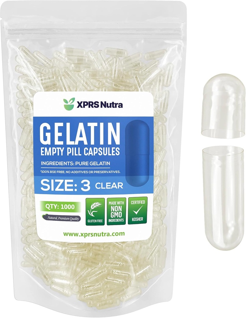 XPRS Nutra Boyutu 3 Boş Kapsüller - 1000 Kont Boş Gelatin Capsules - Pills DIY Capsule - Clear Pure Bovine Pill Gel Cap, Do-It- Yourself Vitamins and Supplements