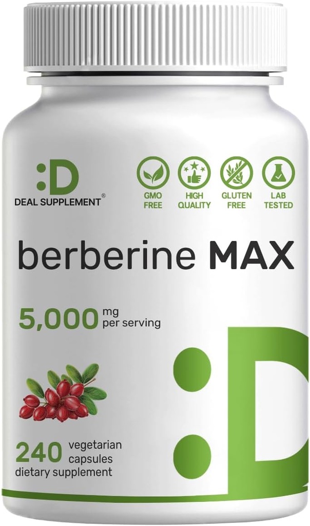 DEAL SUPPLEMENT Berberine Max Supplement with Turmeric, 5,000mg Per Serving, 240 Veggie Capsules – 97% Pure Berberine HCl – 20:1 Turmeric Root Extract – Vegetarian Friendly, Non-GMO