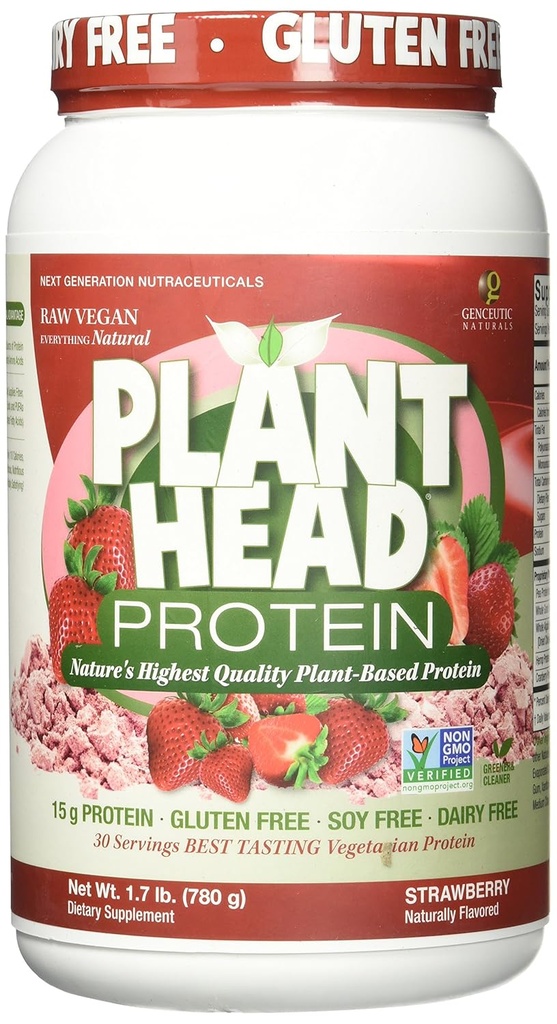 Genceutic Naturals Plant Head protein Natural Flavored Best Tasting Strawberry Raw Vegan Vegetarian Protein Diyetary Supplement Gluten Soy Süt GMO Free - 30 Hizmet (1.8 Pound)