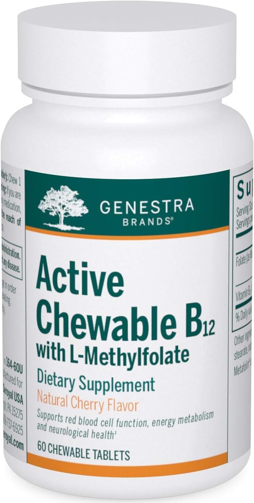 Genstra Brands Active Chewable B12 ile L-Methylfolate | Chewable Vitamin B12 ve Folate Supplement | 60 Chewable Tabletler | Natural Cherry Flavor
