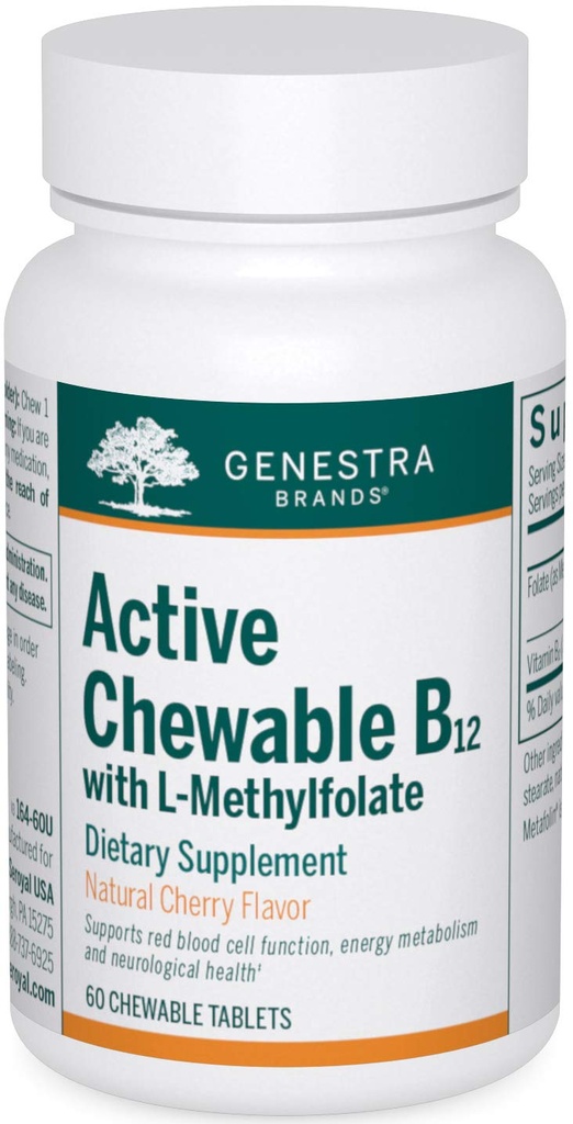 Genstra Brands Active Chewable B12 ile L-Methylfolate | Chewable Vitamin B12 ve Folate Supplement | 60 Chewable Tabletler | Natural Cherry Flavor