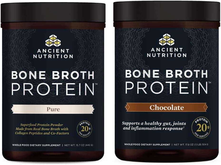 Ancient Nutrition Bone Broth Protein Powder, Pure, 20 Servings + Bone Broth Protein Powder, Chocolate, 20 Servings