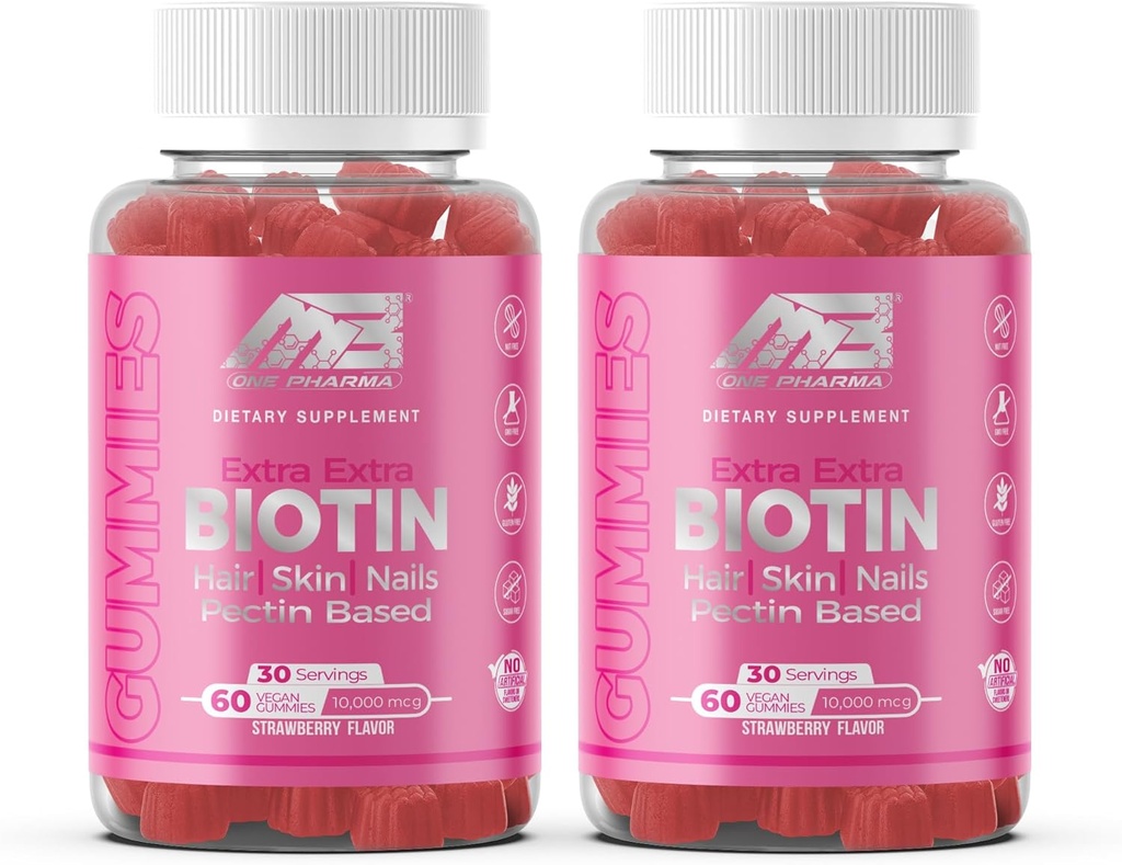 MB One Biotin Gummies-High Potency-Healthy Saç, Skin ve Nails Güçlendirme, B7, (10000 Mcg) Non-GMO, Pectin Plant Based, for Kids and Adult, Strawberry Natural Flavor 2 Pack