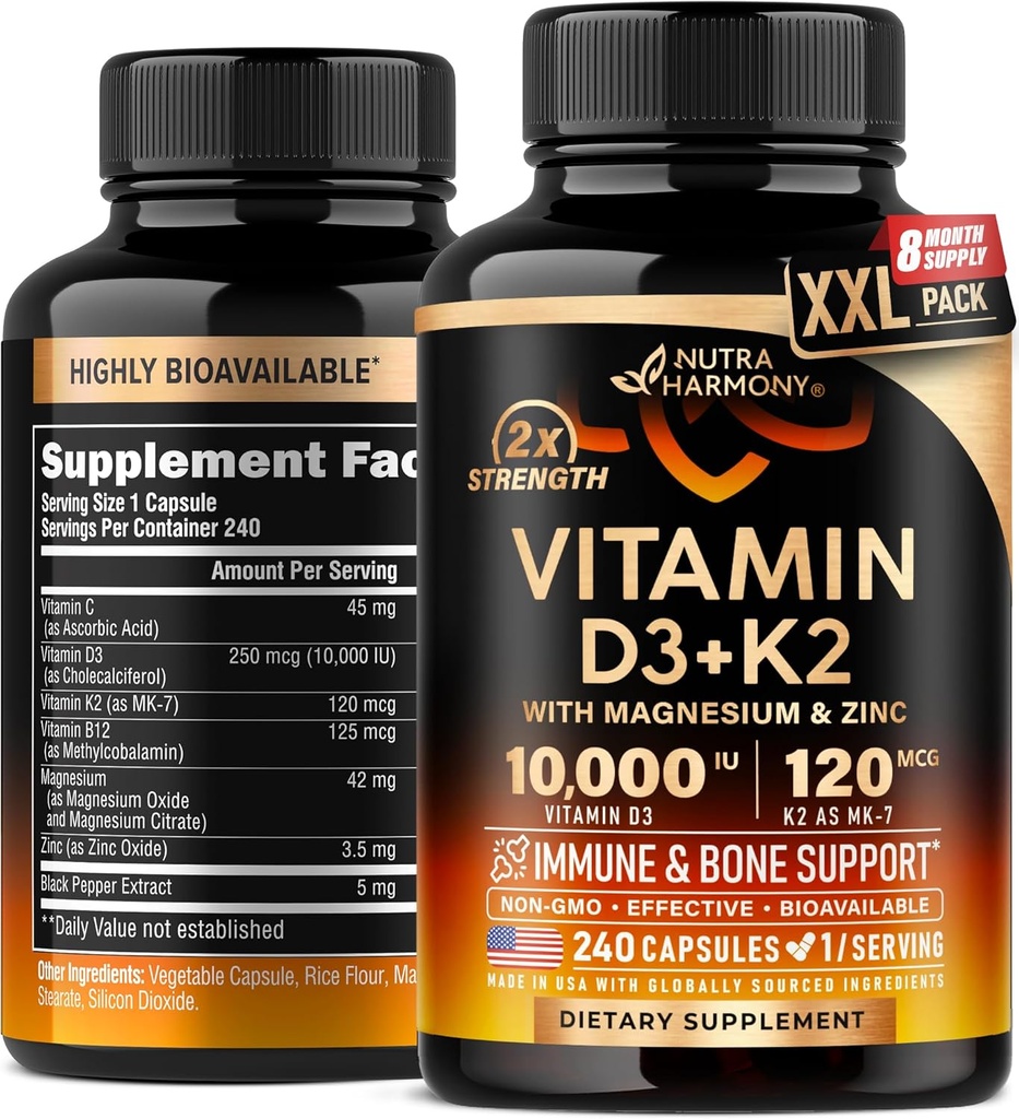 Βιταμίνη D3 K2 - Βιταμίνη D3 10000 u & K2 ως MK-7 120 mcg - Ανοσοποιητική & Mood Υποστήριξη, για την υγεία των οστών και των δοντιών - με μαγνήσιο, ψευδάργυρο & βιταμίνη C & B12 - Εξαιρετικά βιοδιαθέσιμη - Κατασκευάζεται στις ΗΠΑ, 240 κάψουλες