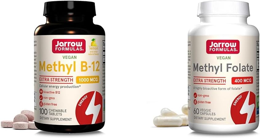 Jarrow Me-12 1000mcg 100 Chewables & Metil Folate 40006 60 Veggie Capsules Hücre Enerji, Beyin, Cardiovascular ve Nörologic Sağlık Desteği