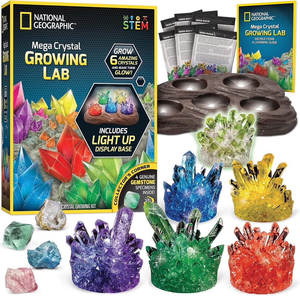 National Geographic Mega Kristal Büyü Kit - Işıklı Stand ile 6 Kristal yetiştirmek, Çocuklar için Bilim Hediyeleri 8-12