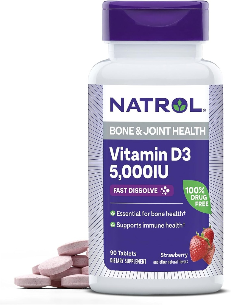 Natrol Fast Dissolve Vitamin D3 5.000 IU, Συμπλήρωμα διατροφής για την υγεία των οστών και των κοινών, συμπλήρωμα υποστήριξης των οστών, 90 δισκία, 90 ημέρες προσφοράς