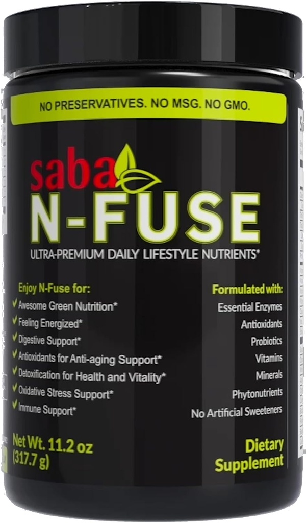 Saba N-Fuse: Σούπερ Πράσινοι για την υποστήριξη ανοσοποιητικών, Digestion, & Ενέργεια (30 εξυπηρετούν)