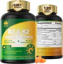D3 10000 IU Plus K2 (MK-7) 100mcg, Vegan Vitamin D3 K2, Turmeric, Magnezyum & Çinko, Bone & Immune Health, Coconut Oil for High Abxia, Easy to Swallow, 120 Cts