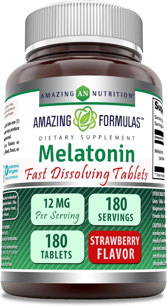 Amazing Formulas Melatonin 12 mg In Service Tablets Supplement | Non-GMO | Gluten Free | Made in USA (180 | Strawberry)