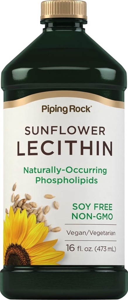 Piping Rock Sunflower Lecithin Liquid Supplement | 16 oz Oil | Natural-Occurring Phospholipids | Vegan, Soy Free, Non-GMO, Soy Free, Gluten Free