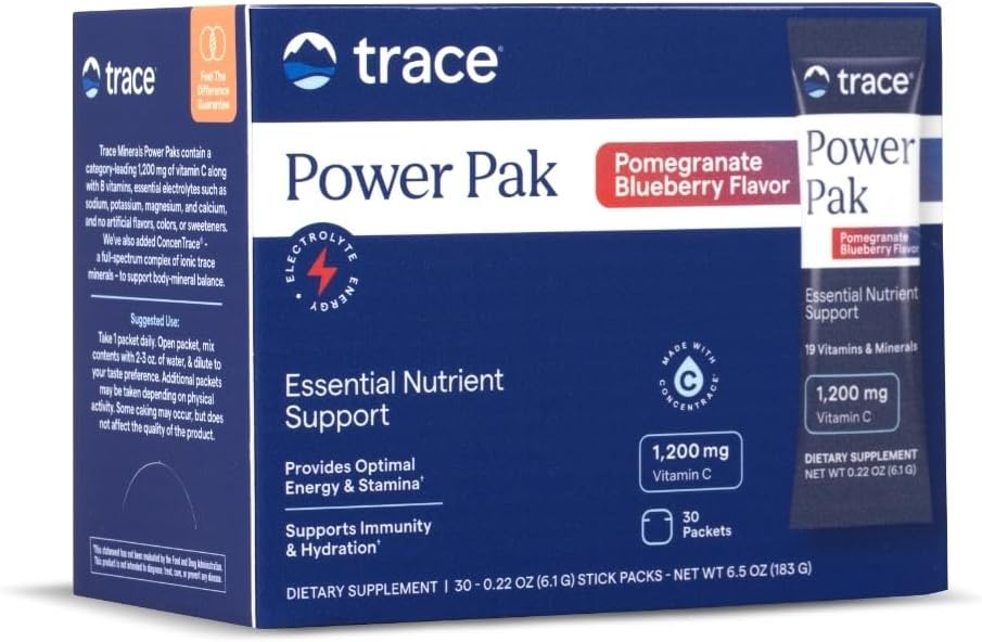 Trace Minerals Power Pak Multivitamin and Multimineral Packets - Υποστήριξη ηλεκτρολυτών - 1200 mg Βιταμίνη C Plus 70 άρωμα βατόμουρο - 30 πακέτα