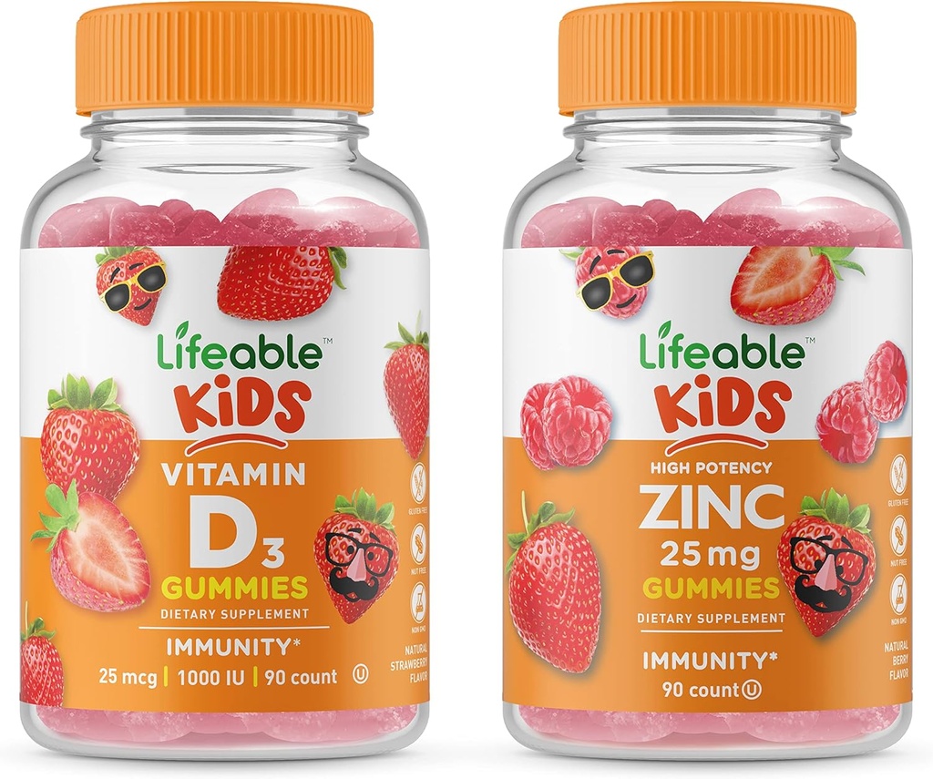 Lifeable çinko 25 mg Kids + Vitamin D Kids, Gummies Sche - Great Tasting, Vitamin Supplement, Gluten Free, GMO Free, Chewable Gummy