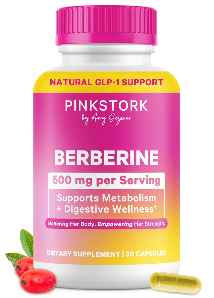 Pink Stork Berberine 500 mg - Nature's GLP-1 Supplement - Daily AMPK Metabolic Activator - 500-1000 mg Metabolism + Gut Health for Women | Third-Party Tested | Vegan | Non-GMO| 30 Capsules