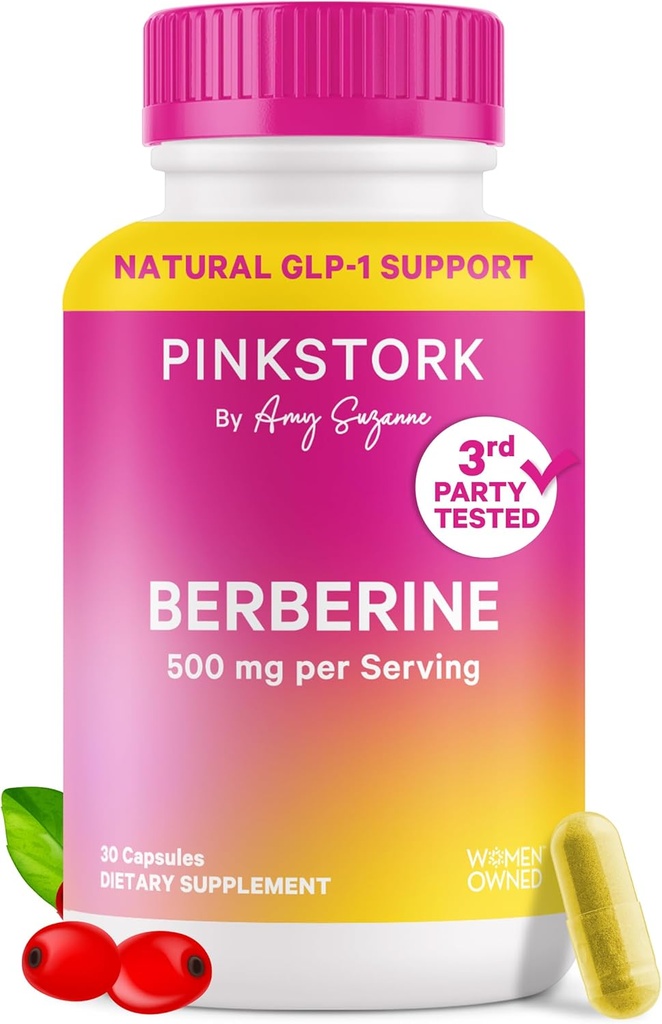 Pink Stork Berberine 500mg - Συμπλήρωμα GLP-1 της φύσης - Καθημερινή AMPK Μεταβολικός ενεργοποιητής - 500- 1000 mg Μεταβολισμός + Υγεία των ορνίθων για τις γυναίκες 
