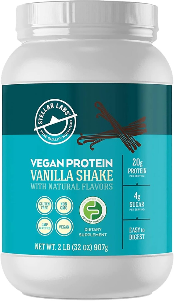 Stellar Labs Vegan Protein Powder with BCAA's & Antioxidants | Certified Low FODMAP, Non GMO, Gluten Free, Soy Free, Low Carb, with Stevia | Lean Plant Based Protein Powder Shakes | Vanilla