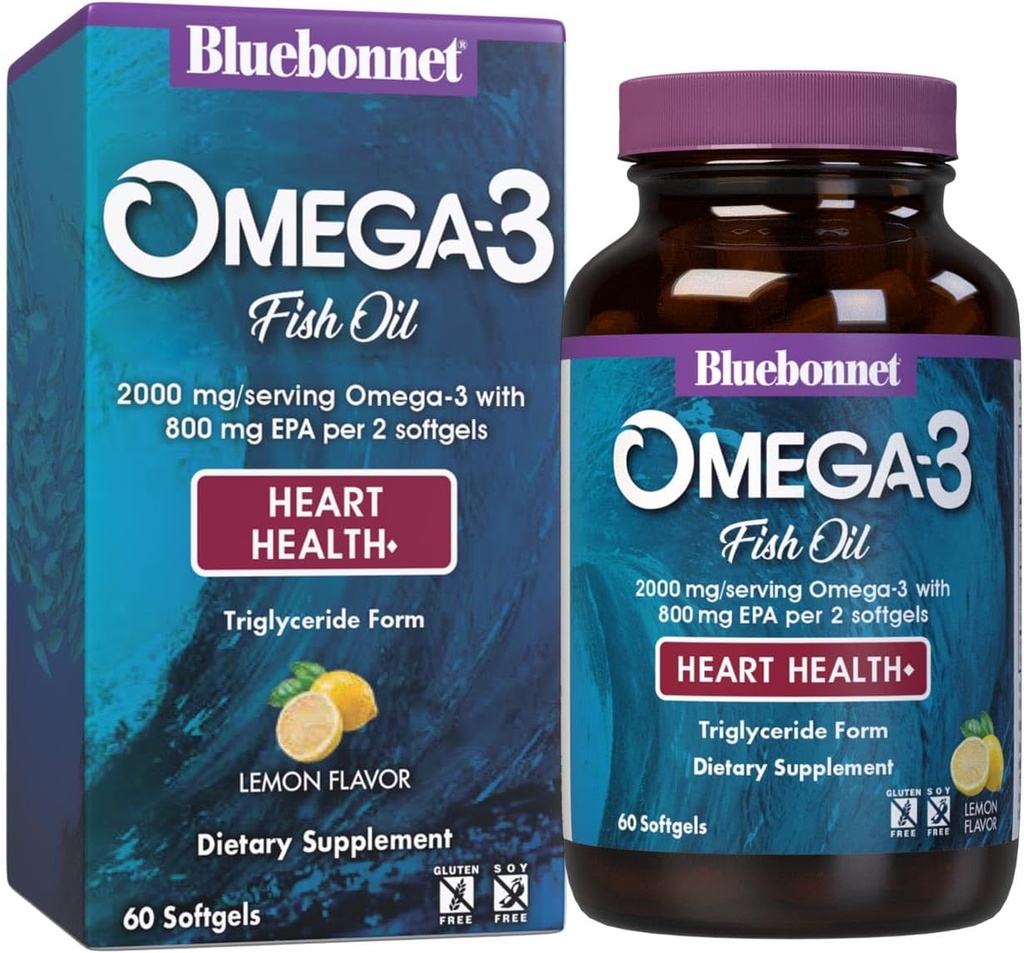 Bluebonnet Beslenme Omega-3 Heart Formula Natural Wild Caught Triglyceride Form DHA 600 mg EPA 800 mg - Yüksek Yoğun Kalp Sağlığı Desteği Tamam - Gluten-Free - 60 Softgel