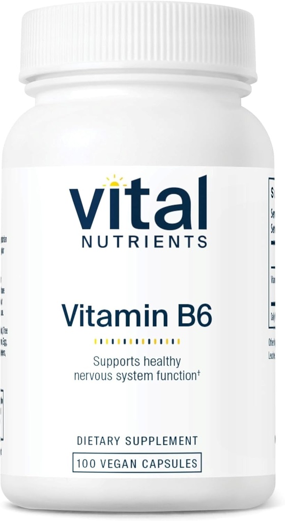Vital Nutrients B6 | Vegan Torchated B6 Vitamins for Nervous System, Muscle, Bone Health* | High-Potency B6 for Menstrual Discomfort * | Gluten, Dairy, Soy Free | 100 Capsules
