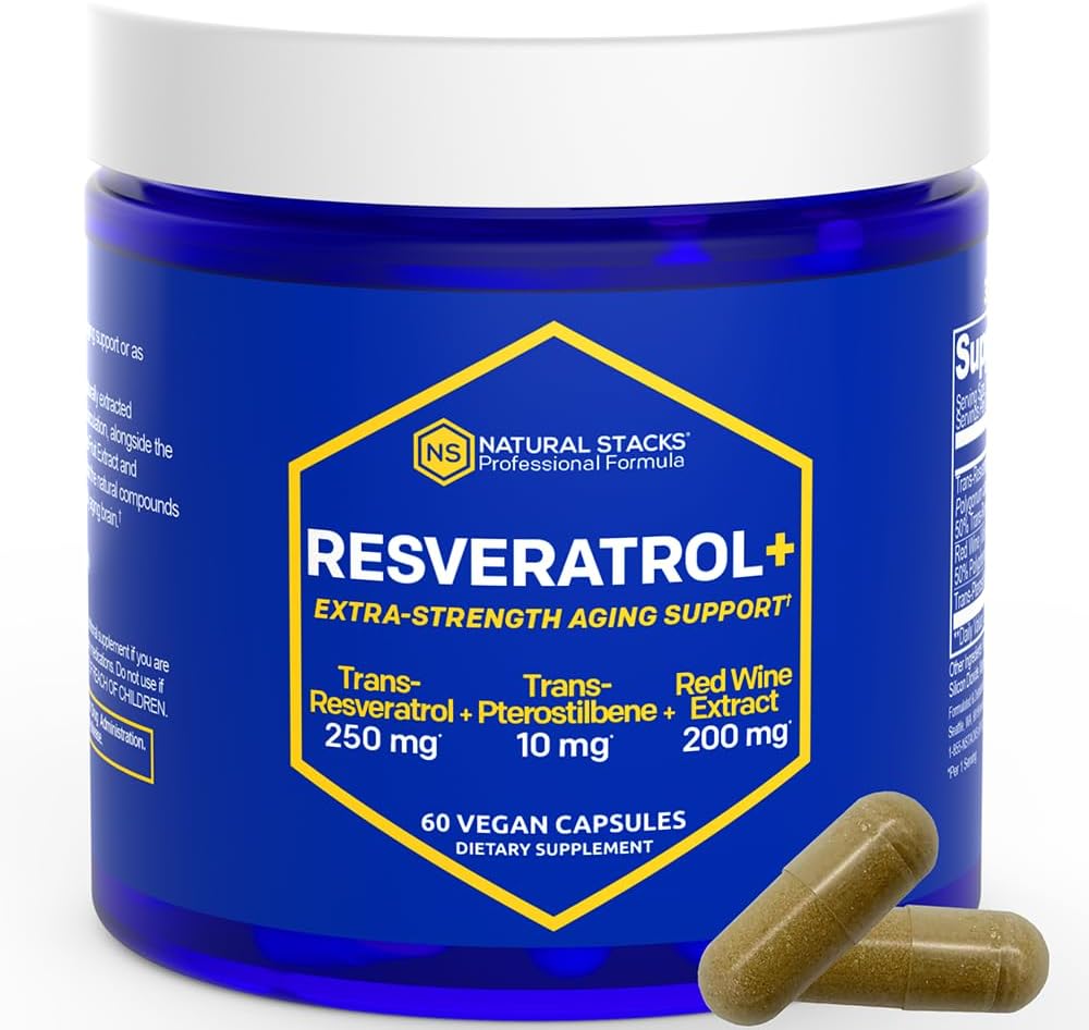 Resveratrol Supplement - 250mg Trans-Resveratrol & 10mg Trans-Pterostilbene - Antioxidants Supplement with 200mg Red Wine Extract - Extra Strength Aging Support - 60 Japanese Knotweed Capsules