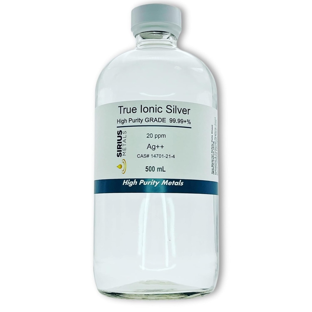 Αληθινό δωρεάν ιωνικό ασήμι - 20 ppm: 500mL σε σαφές γυάλινο μπουκάλι