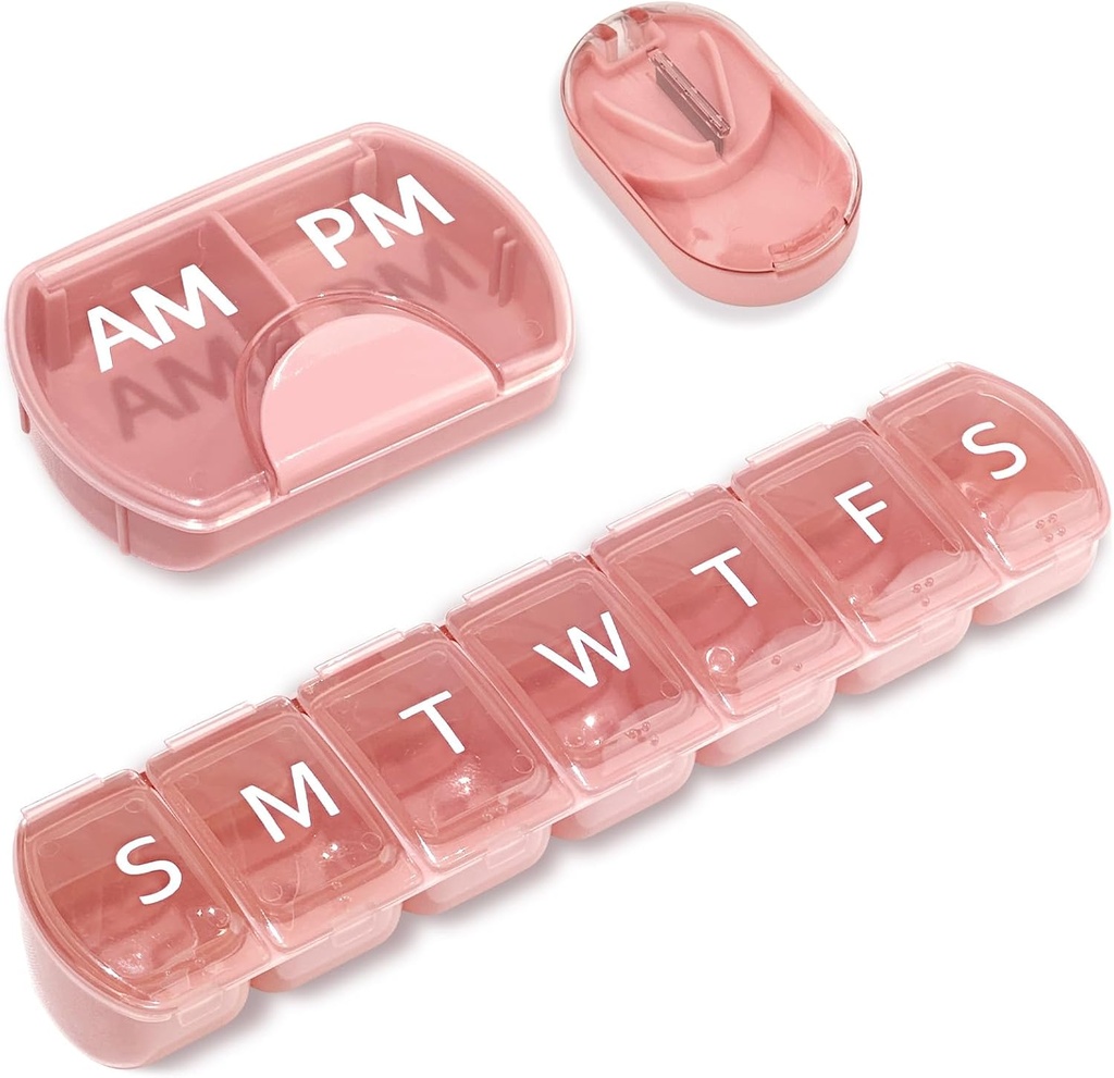 3 Pack (Εβδομαδιαία & Καθημερινή), 2 φορές την ημέρα (AM/PM) + 7-Day Pill Organizer + Pill Cutter, Vitamin Planner, Μεγάλη Χωρητικότητα Pill Box Set, Travel Pill Case for Vitamins/Fish Oils/Supplements, Pink