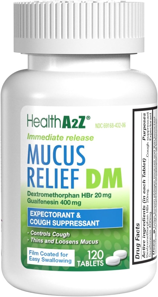 HealthA2Z® Mucus Relief DM | Dextromethorphan HBr 20mg | Guaifenesin 400 mg | No Benzene | Cough, Immediate Bülteni, Uncoated (120 Kont)