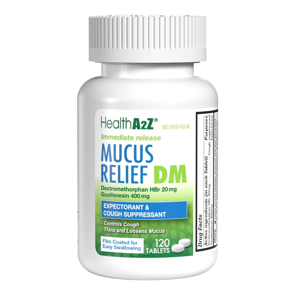 HealthA2Z® Mucus Relief DM | Dextromethorphan HBr 20mg | Guaifenesin 400mg | No Benzene | Cough, Immediate Release, Uncoated (120 Count (Pack of 1))