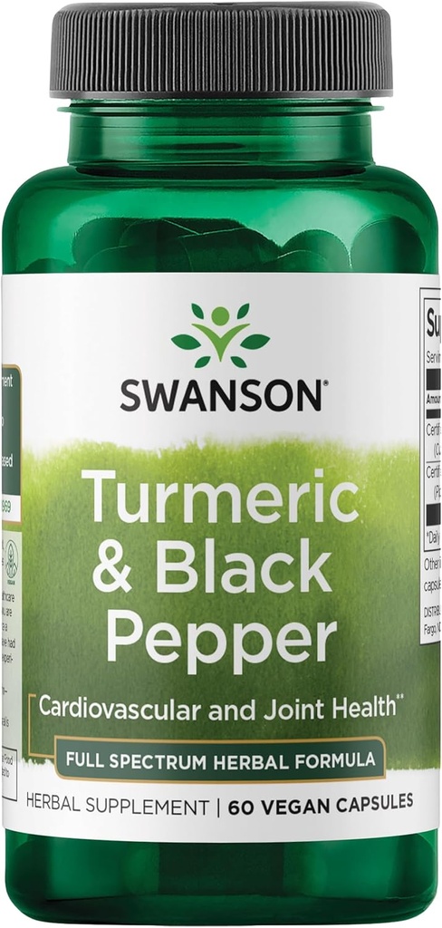 Swanson Turmeric & Black Pepper - Οργανική κοινή υγεία, υγεία καρδιάς, πέψη, & συμπλήρωμα υποστήριξης ήπατος - Φυσική φόρμουλα για την ενισχυμένη βιοδιαθεσιμότητα και απορρόφηση - (60 κάψουλες λαχανικών)