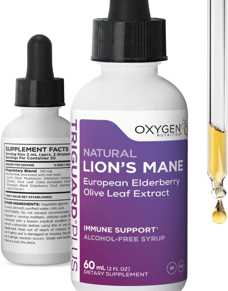 TriGuard Plus Lions Mane - Lions Mane Nootropic, Olive Leaf, Elderberry Extract Liquid Tincture 2 fl oz | Ruh Clarity, Focus, Memory, Immune Support & Energy | Alkol-Free, Non-GMO, Made in USA