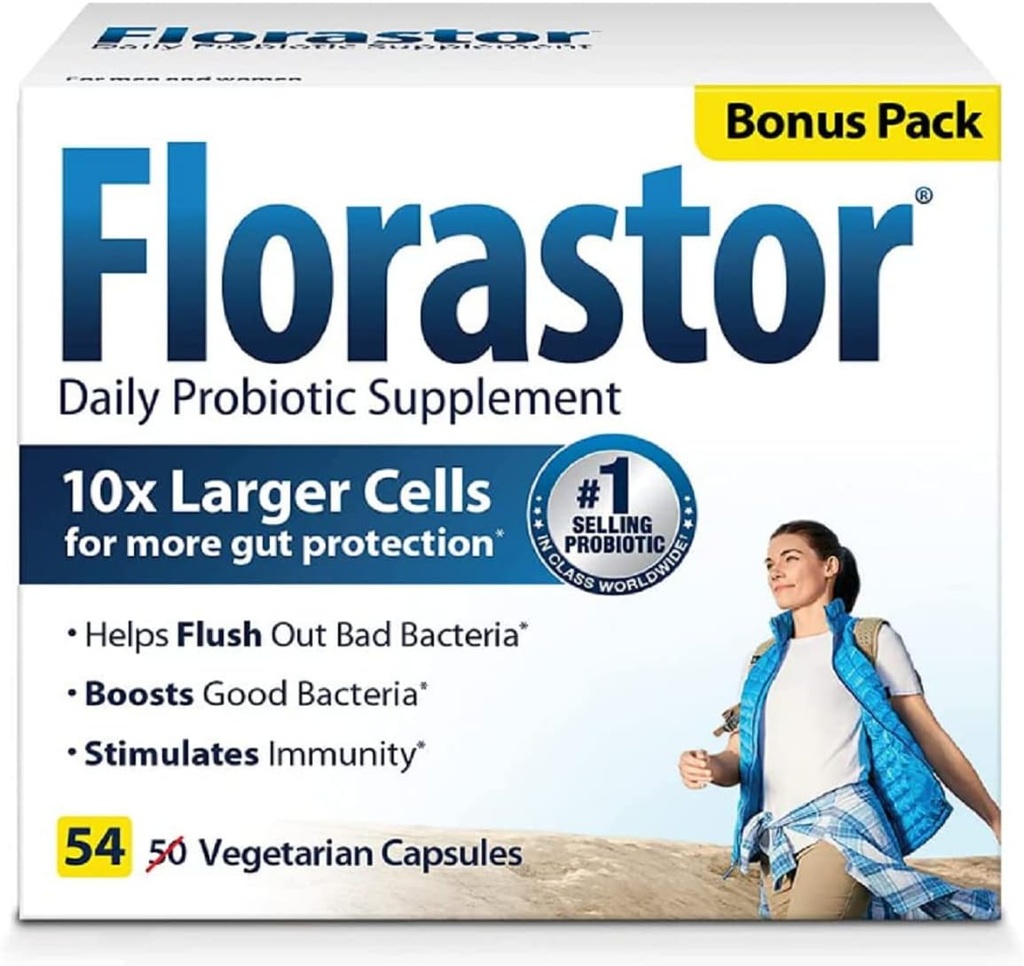 Kadınlar ve Erkekler için Florastor Daily Probiyotik Supplement, Proven to Support Digestive Health, Saccharomyces Boulardii CNCM I-745 (54 Capsules), 4 Paket