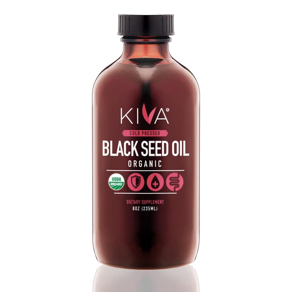 Kiva Organik Siyah Tohum Yağı - Ultra High 3X Youmoquinone (TQ), Cold-Pressed, %100 Türk Nigella Sativa Tohum Yağı, All- Natural Non-GMO Supplement - Vegan, 8 oz (235 ml) Cam Şişe Şişe Şişe Şişe