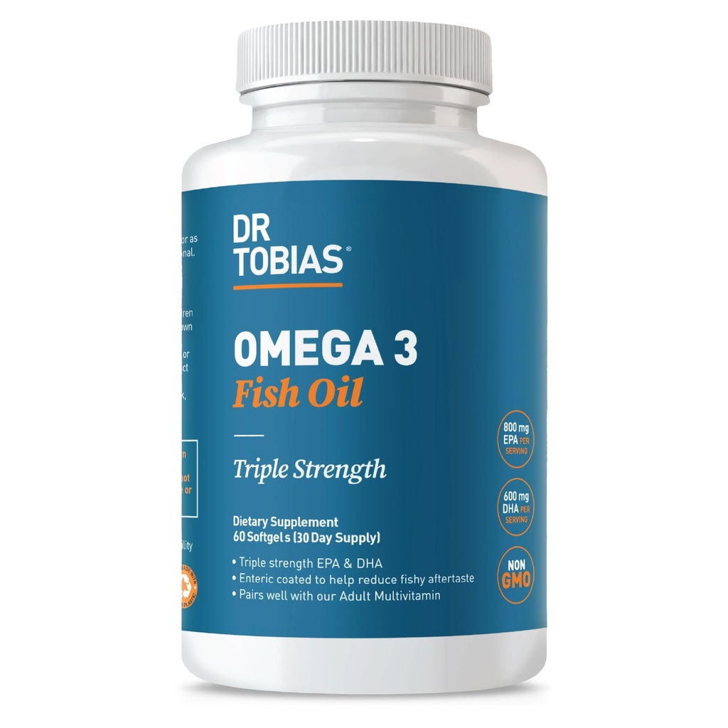 Dr. Tobias Omega 3 Fish Oil, 2000 mg Triple Strength with 800 mg EPA 600 mg DHA Per Service, Fish Oil Omega 3 Supplements for Heart, Brain & Immune Support, 60 Softgels, 30 Servisler