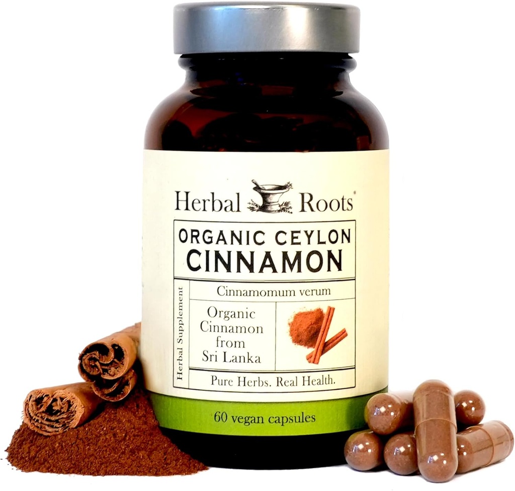 Herbal Roots Organic Ceylon Cinnamon Capsules | USDA sertifikalı Organik - Non-GMO | 60 Organik Vegan Capsules