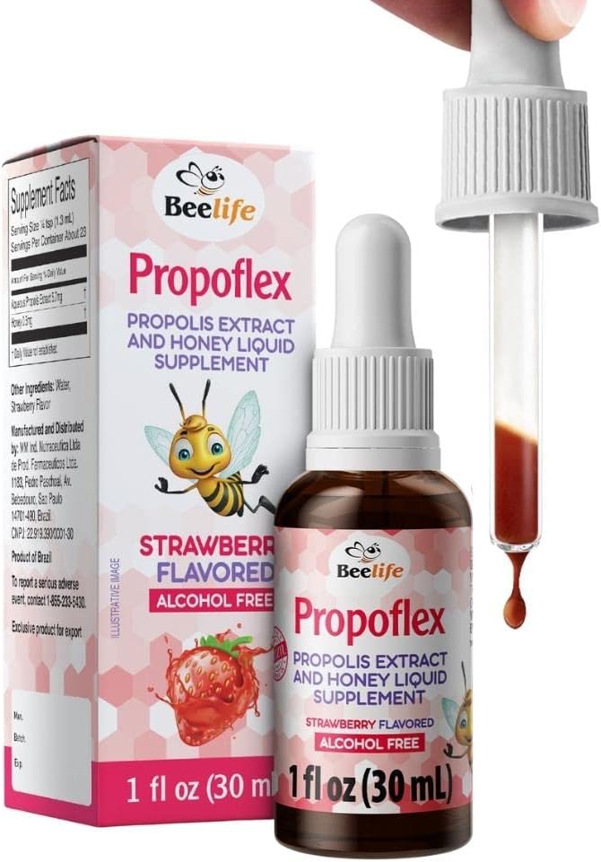 Beelife Propoflex Green Propolis Extract for Kids - Όχι Αλκοόλ Bee Propolis Βάμμα, Υψηλά επίπεδα Artepillin-C - Φυσικό συμπλήρωμα υγρού Antioxidant-Rich - Flavor Φράουλα, Made in Brazil, 30ml