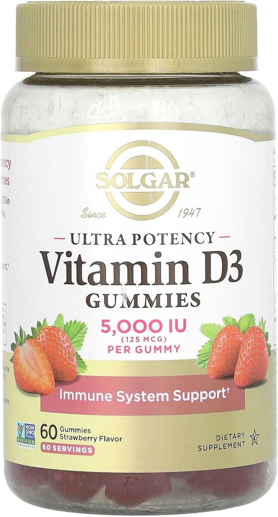 Solgar Vitamin D3 Gummies for Adults 5,000IU Ultra Potency Vitamin Immune System Support for Women & Men - Νόστιμο άρωμα φράουλας, γλουτένης & ζελατίνης Free Gummy, 2μηνη προσφορά, 60 υπηρεσίες, 2g ζάχαρη