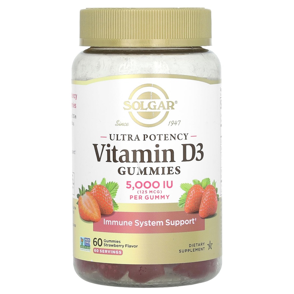 Solgar Vitamin D3 Yetişkinler için Gummies 5.000IU Ultra Potency Vitamin Immune System Support for Women & Men - Tasty Strawberry Flavor, Gluten & Gelatin Free Gummy, 2 Ay Supply, 60 Hizmet, 2g Sugar